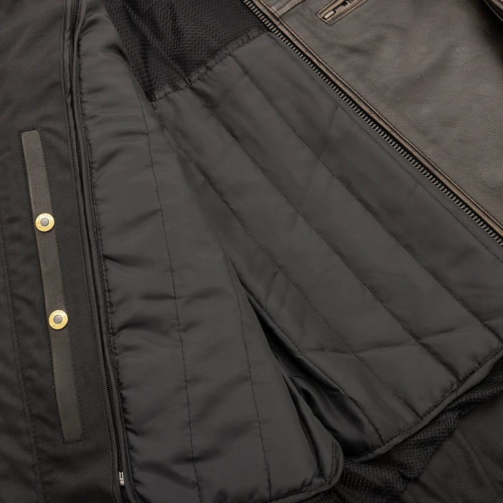  Close-up of the inside lining of Commuter Men's Leather Motorcycle Jacket, showcasing fabric quality and stitching.