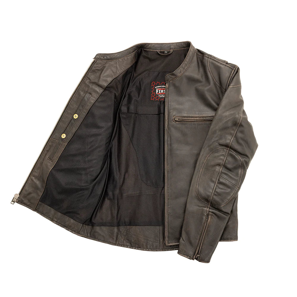  Open front view of Indy Men's Antique Brown Motorcycle Leather Jacket, showcasing interior lining.