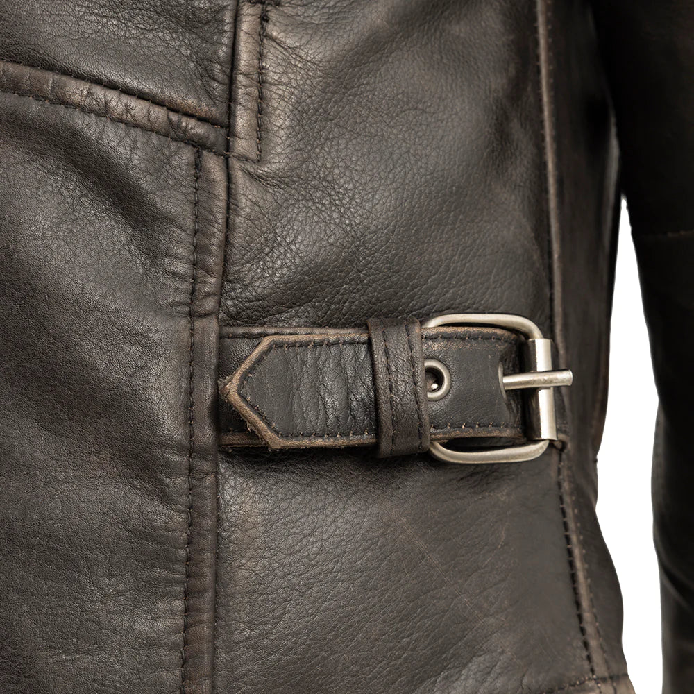  Side view of Indy Men's Antique Brown Motorcycle Leather Jacket, showcasing adjustable side buckle detail.