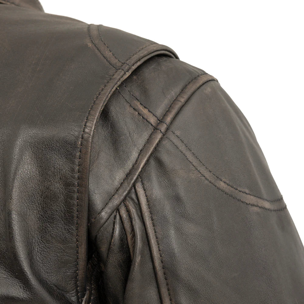 Shoulder detail of Indy Men's Antique Brown Motorcycle Leather Jacket, highlighting craftsmanship.