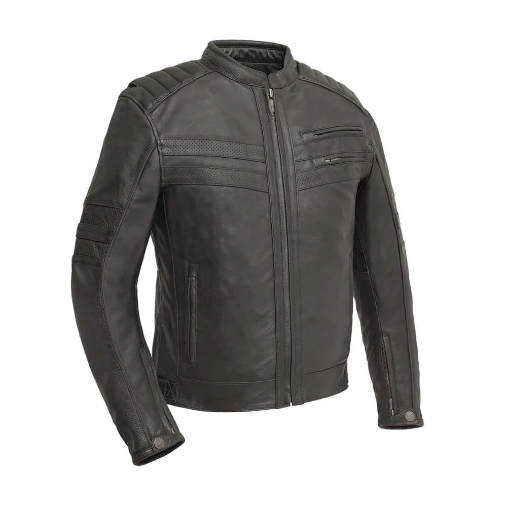 "BiTurbo men's motorcycle jacket, front view. Crafted from 1.1mm Diamond Cowhide & perforated leather, loaded with pockets."