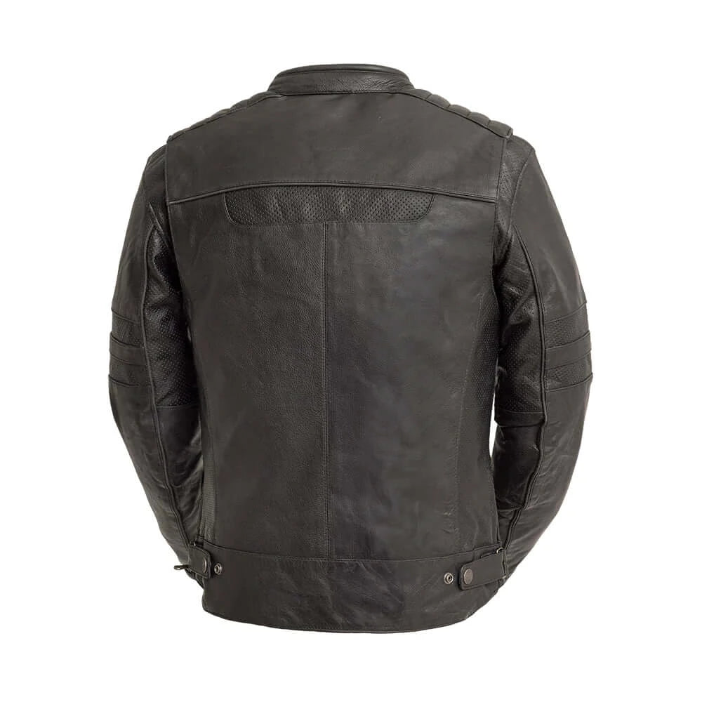 Rear perspective of BiTurbo men's jacket, focusing on the craftsmanship of the Diamond Cowhide leather and functional features."