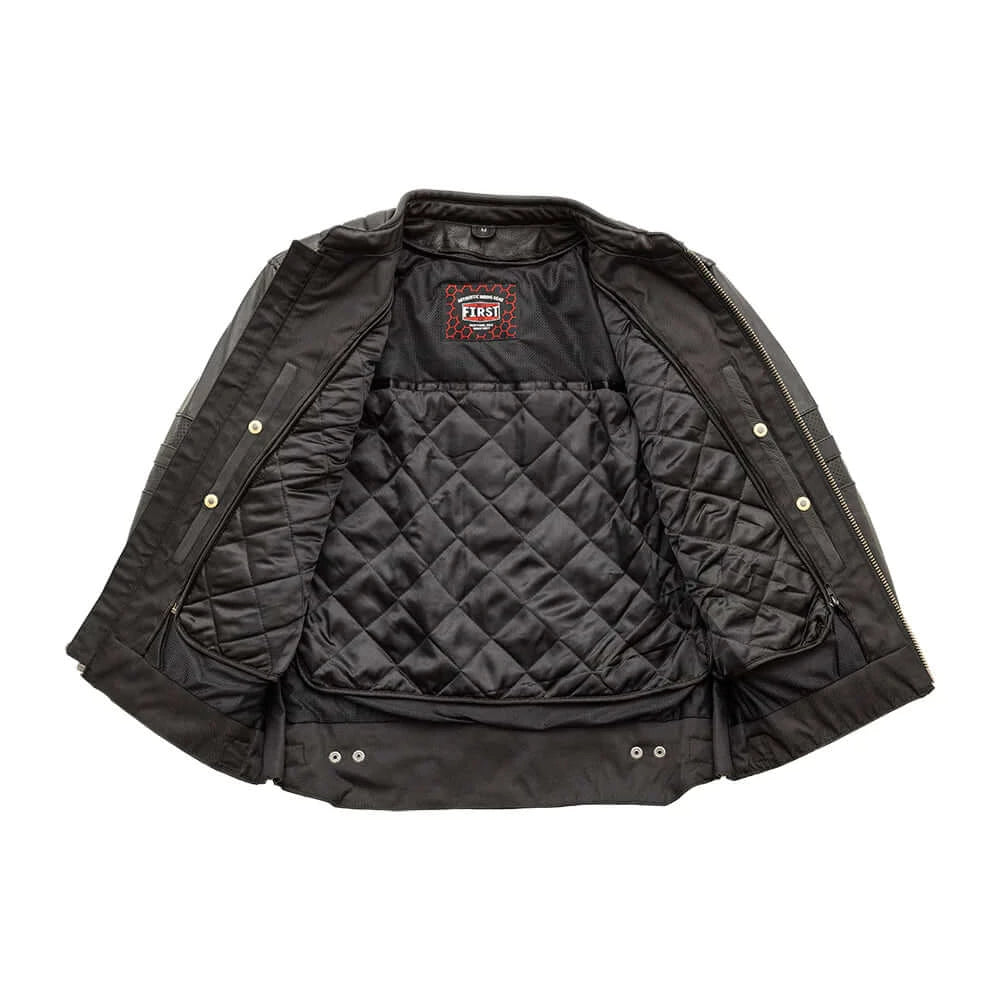 "Front view of BiTurbo men's leather jacket, open to show inside details and storage options."