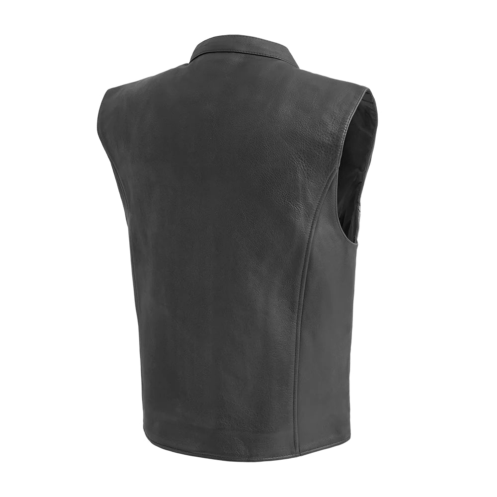Back view of Club House Men's Leather Motorcycle Vest, showcasing clean design ready for customization.