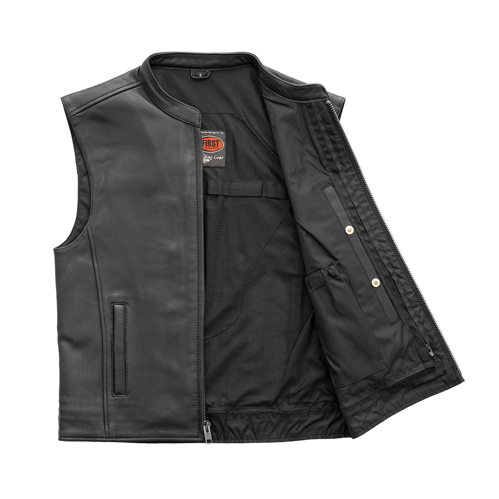 Open front view of Club House Men's Leather Motorcycle Vest, revealing the interior lining and pocket layout.
