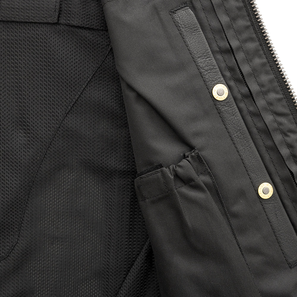  Close-up of inside pocket on Club House Men's Leather Motorcycle Vest, showing the stitching and pocket depth.