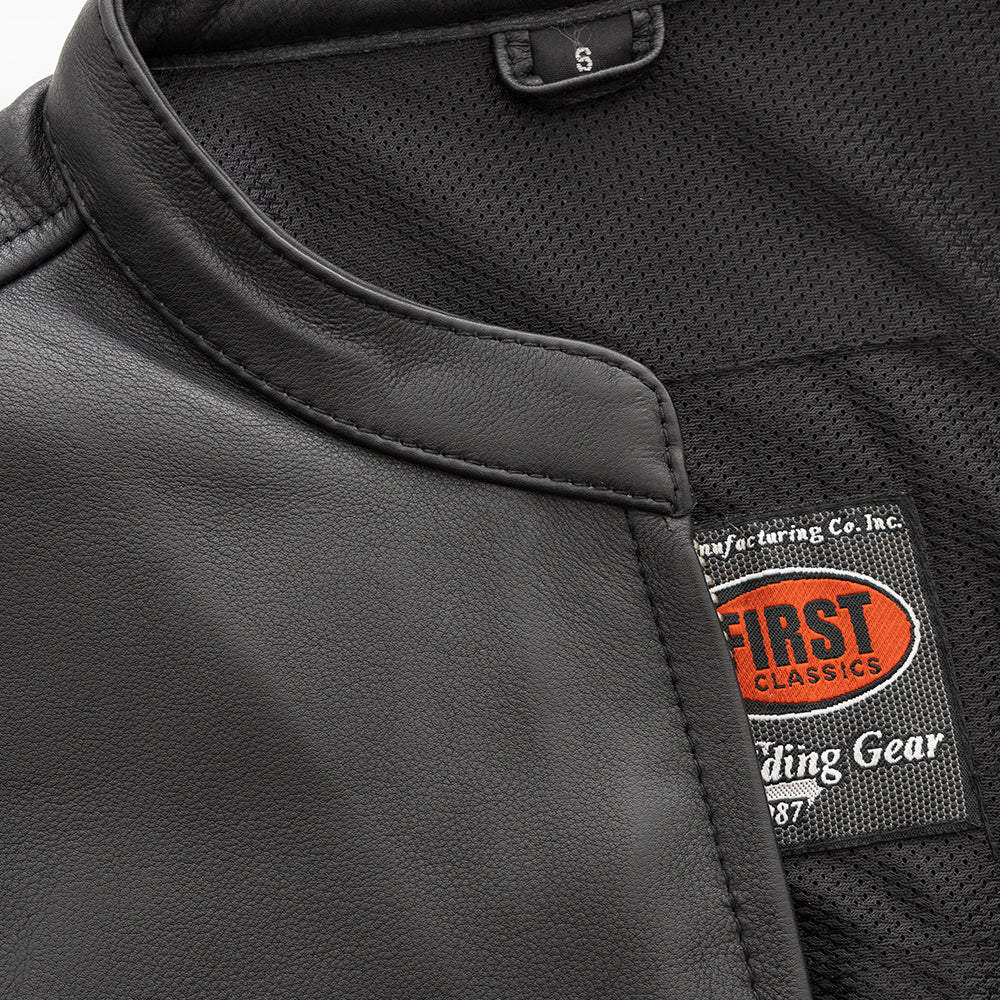 Close-up of the collar on Club House Men's Leather Motorcycle Vest, emphasizing the leather texture and stitching detail.