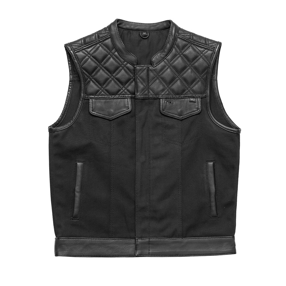 Front View: Stylish Club Vest, Black Canvas, Concealed Carry.