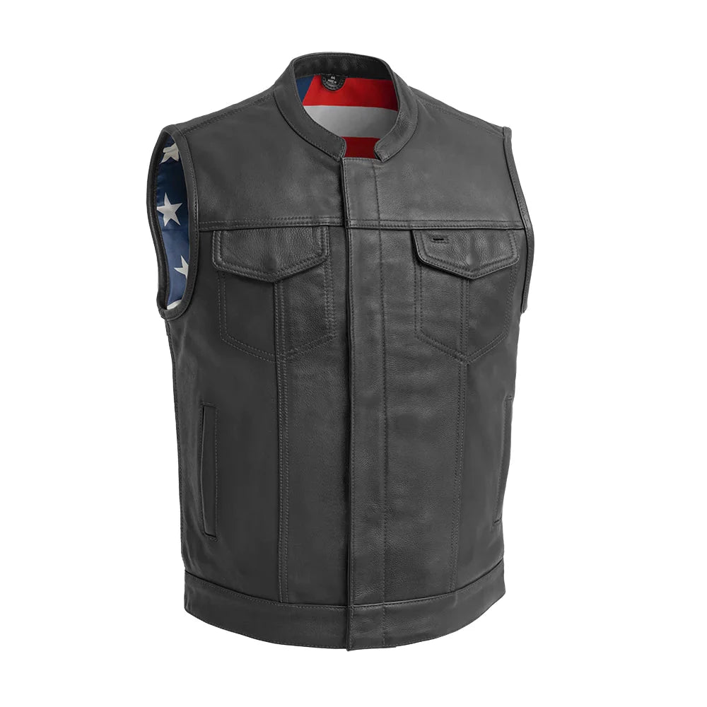 Front view of Born Free Men's Motorcycle Leather Vest (Black Stitch), featuring sleek design with custom black stitching and multiple front pockets.