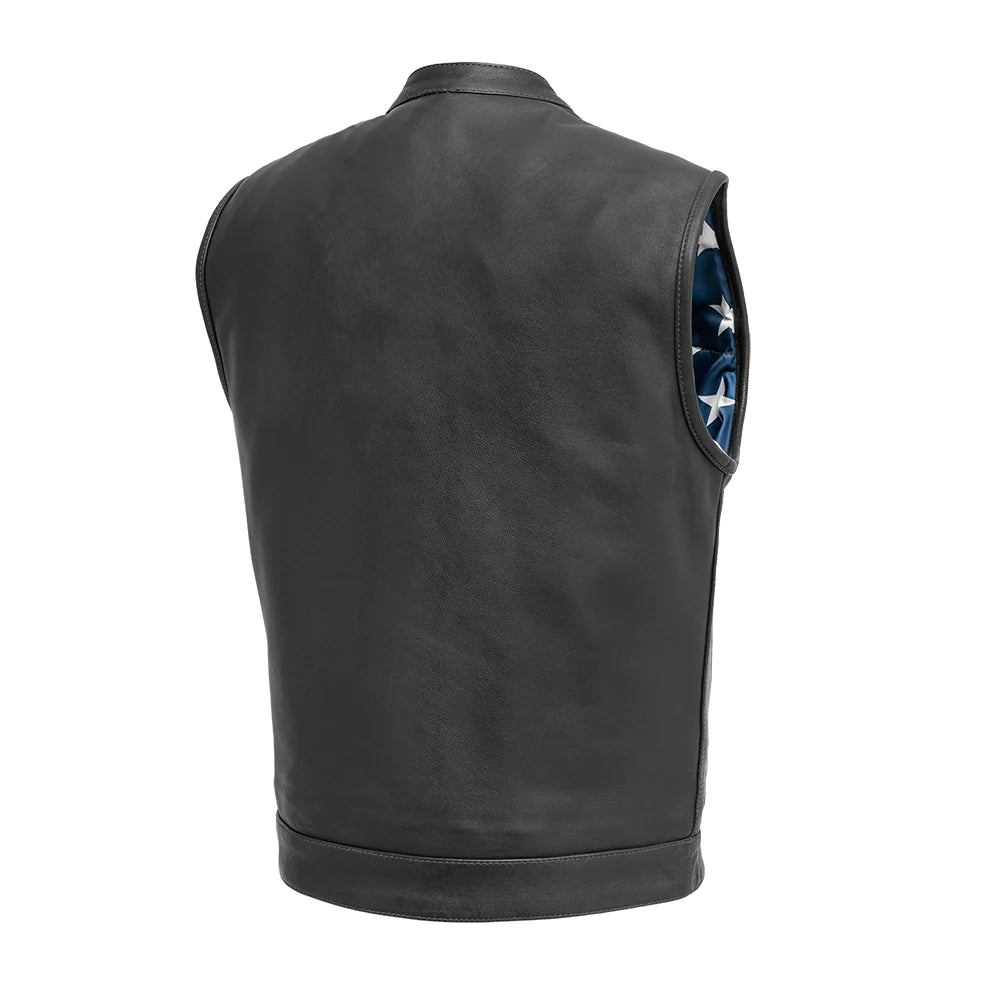 Back view of Born Free Men's Motorcycle Leather Vest (Black Stitch), highlighting clean, seamless design perfect for patches and customization.