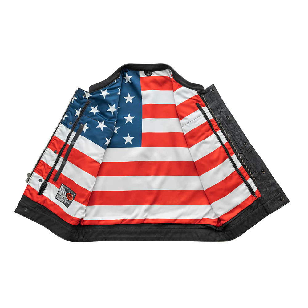 Open front view of Born Free Men's Motorcycle Leather Vest (Black Stitch), revealing the American flag lining inside, symbolizing patriotic pride.