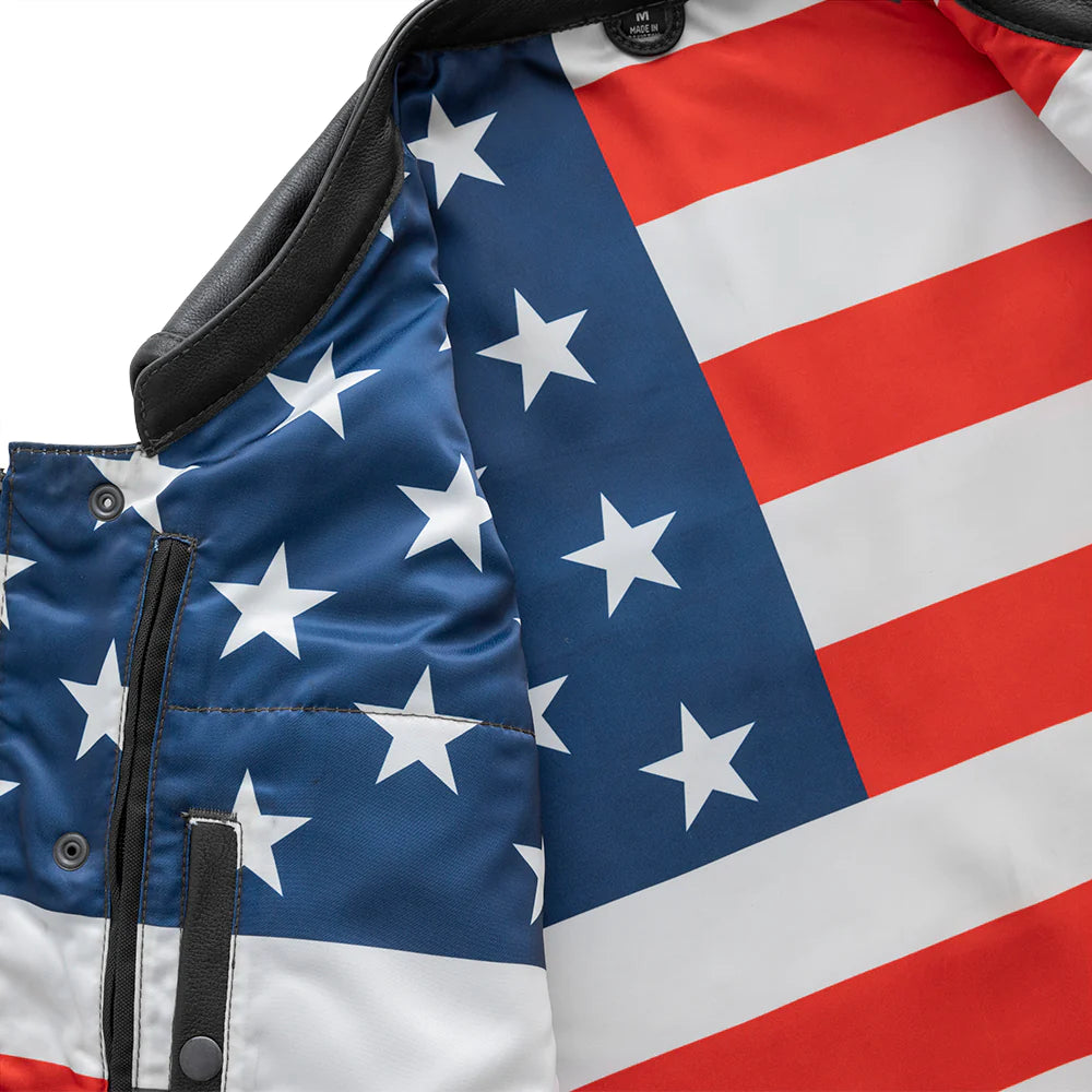  Close-up of the American flag lining inside Born Free Men's Motorcycle Leather Vest, showcasing the vibrant colors and detailed pattern.