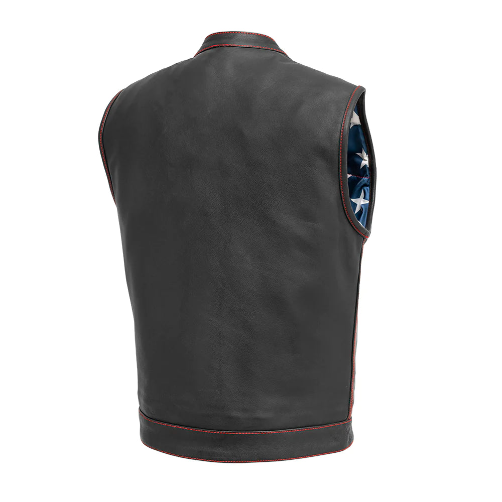 Back view of Born Free Men's Motorcycle Leather Vest (Red Stitch), displaying a seamless design ideal for patches and personalization.