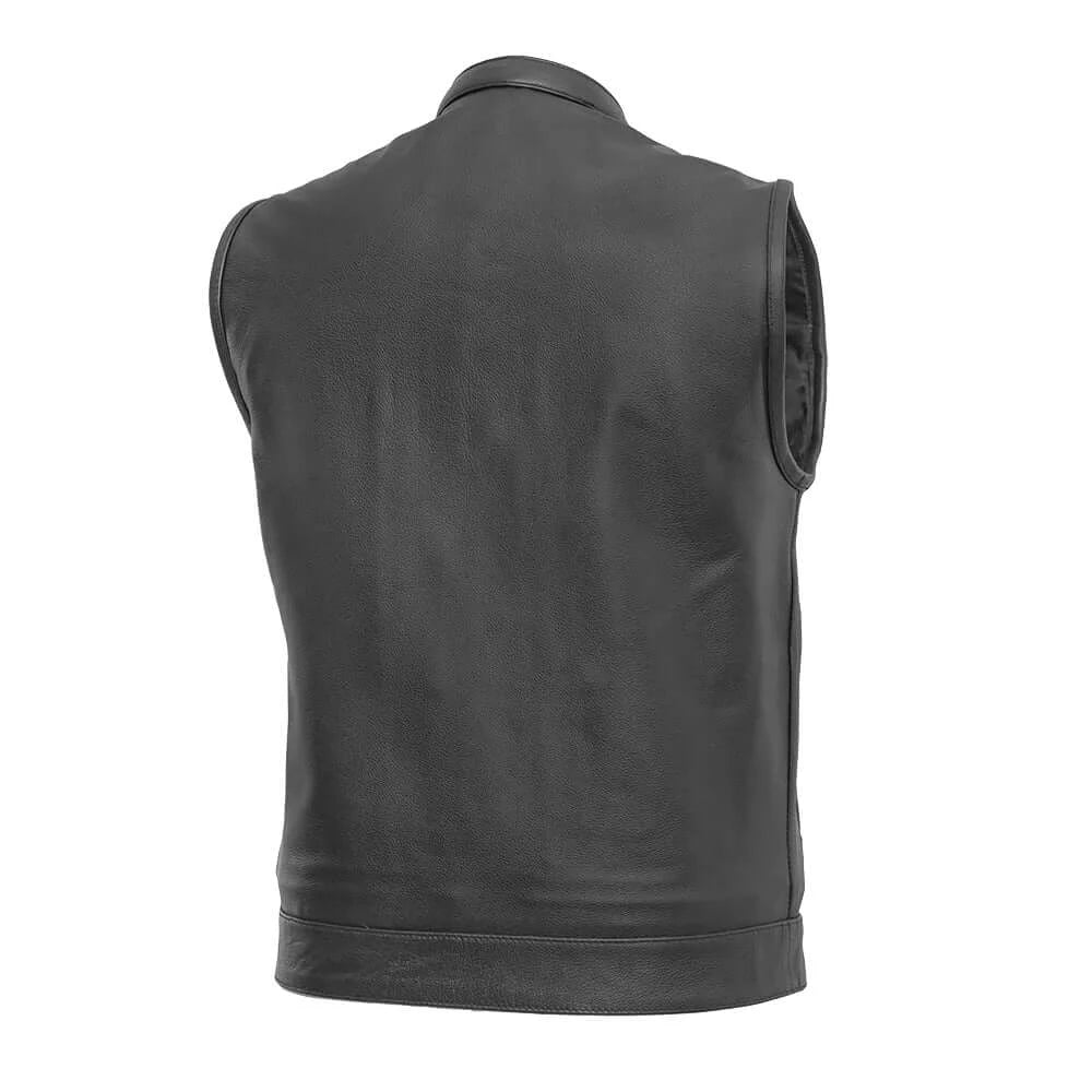 Back view of Blaster Men's Leather Vest, highlighting clean design suitable for customization and adjustable side laces for fit.