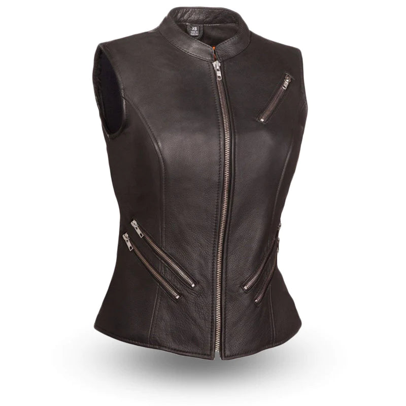  Front of Fairmont Women's Leather Vest with buttons and side laces.