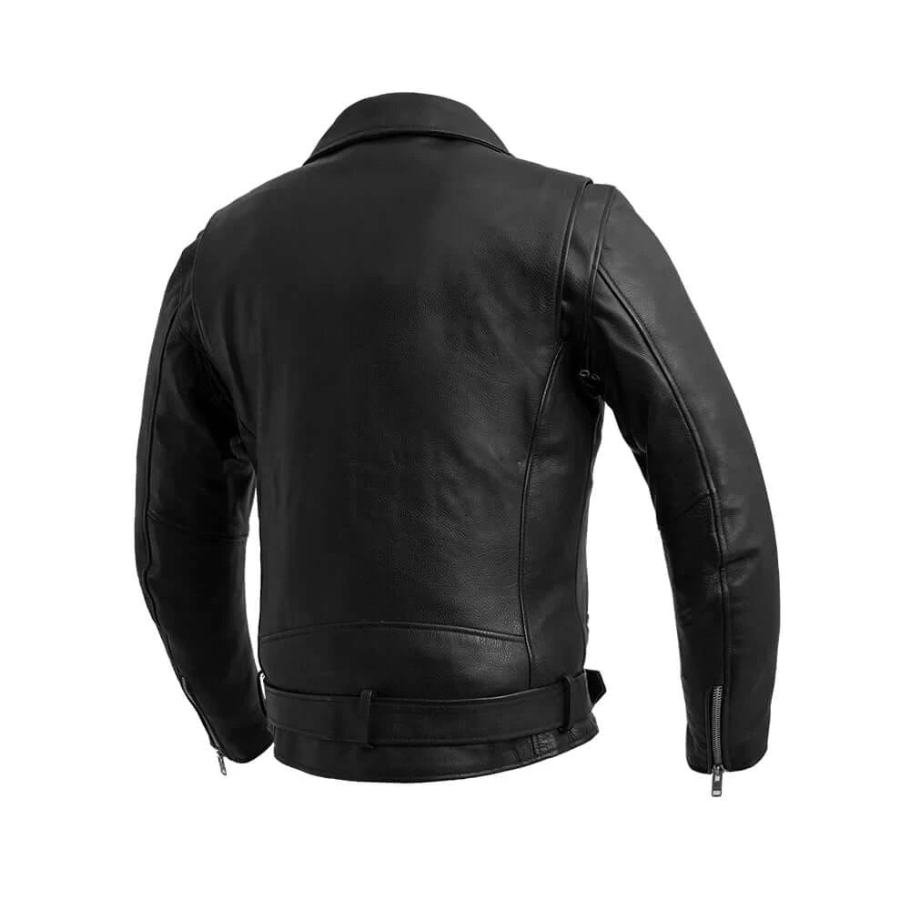  Back view of Indy Men's Black Motorcycle Leather Jacket, clean and streamlined design.