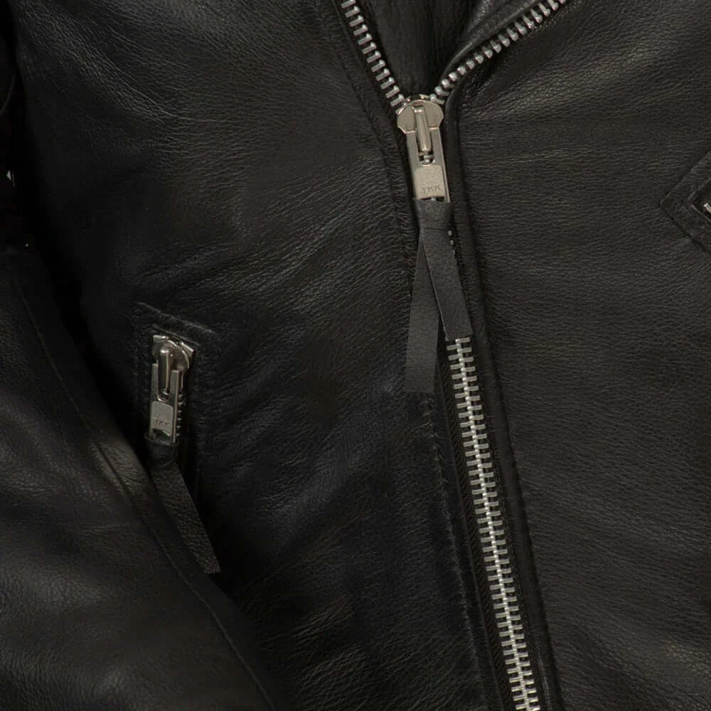 Front view of Indy Men's Black Motorcycle Leather Jacket with zippered closure, showcasing sleek design.