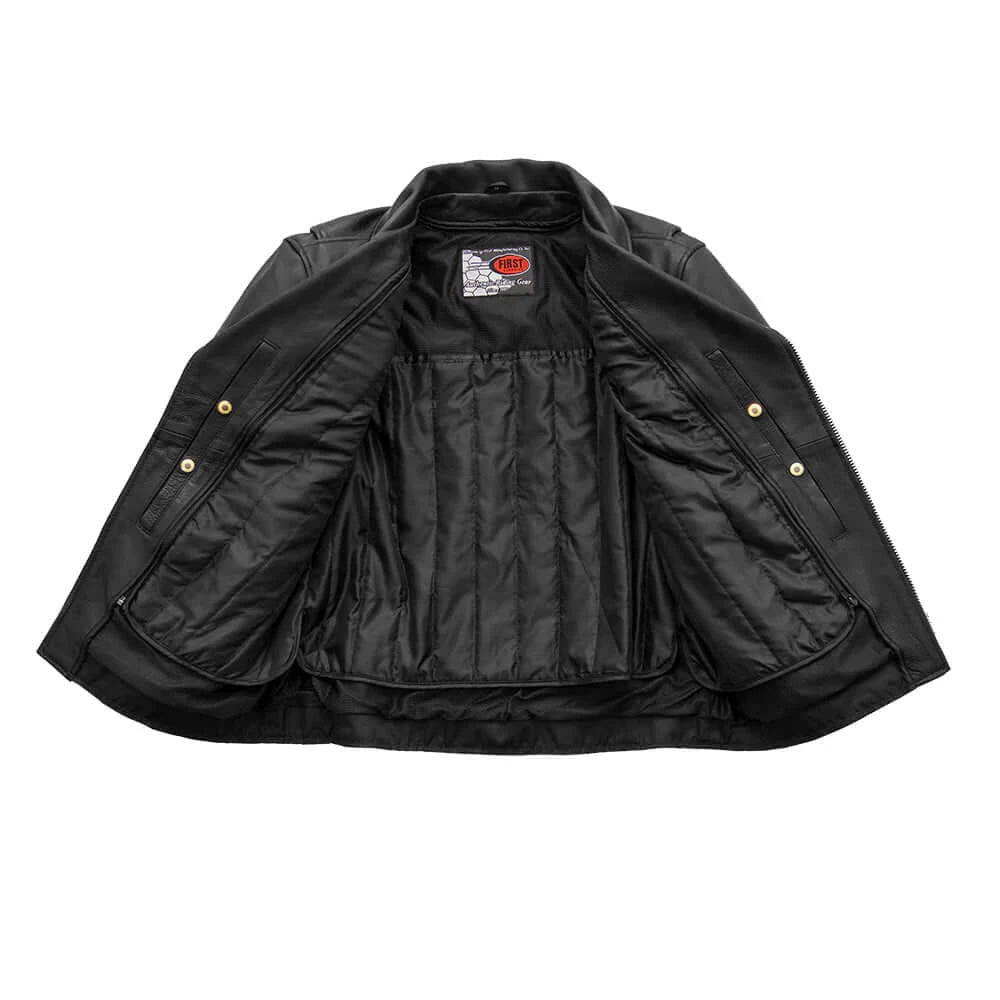  Open front view of Indy Men's Black Motorcycle Leather Jacket, revealing inner lining and craftsmanship.