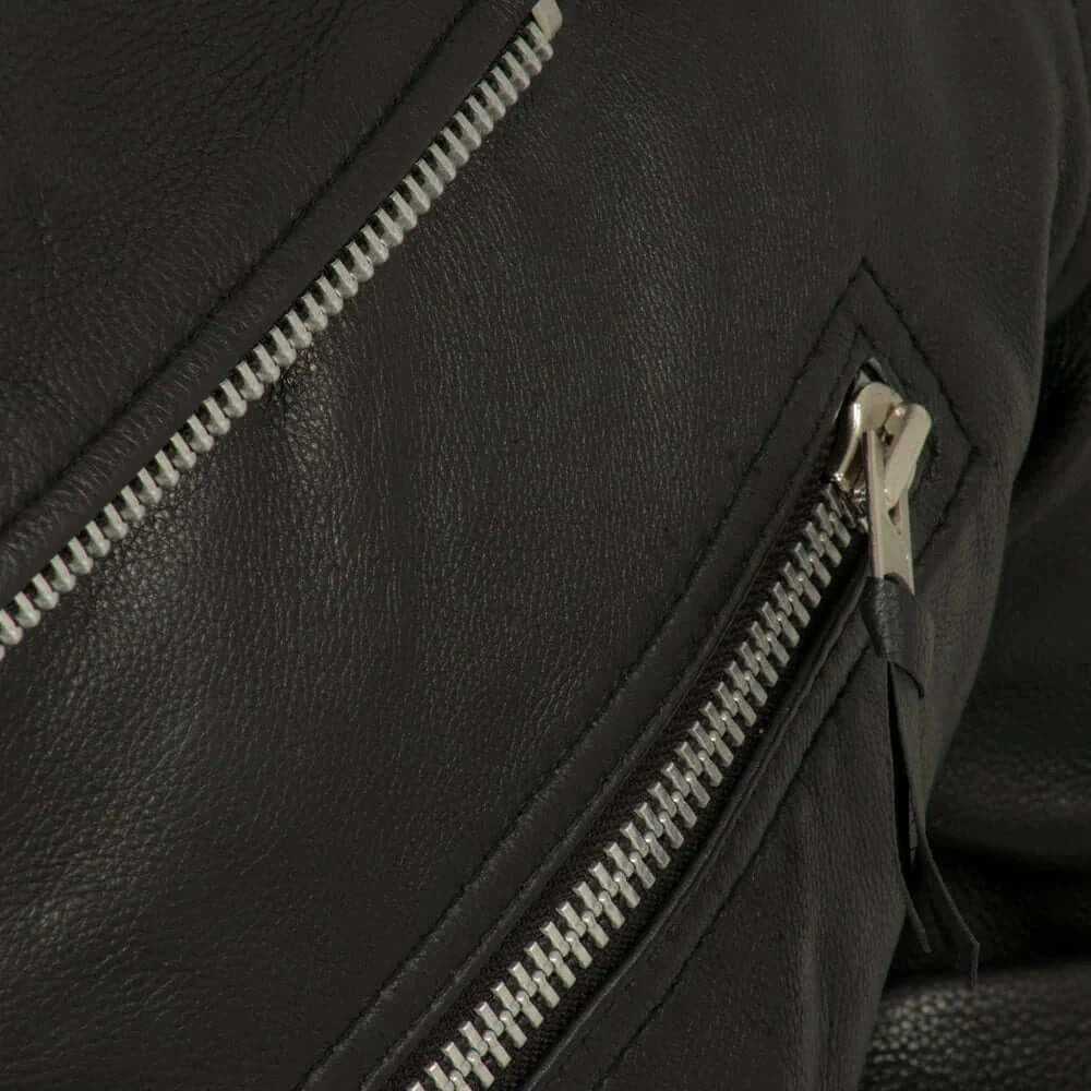  Close-up of the zipper detail on Indy Men's Black Motorcycle Leather Jacket, highlighting quality and design.