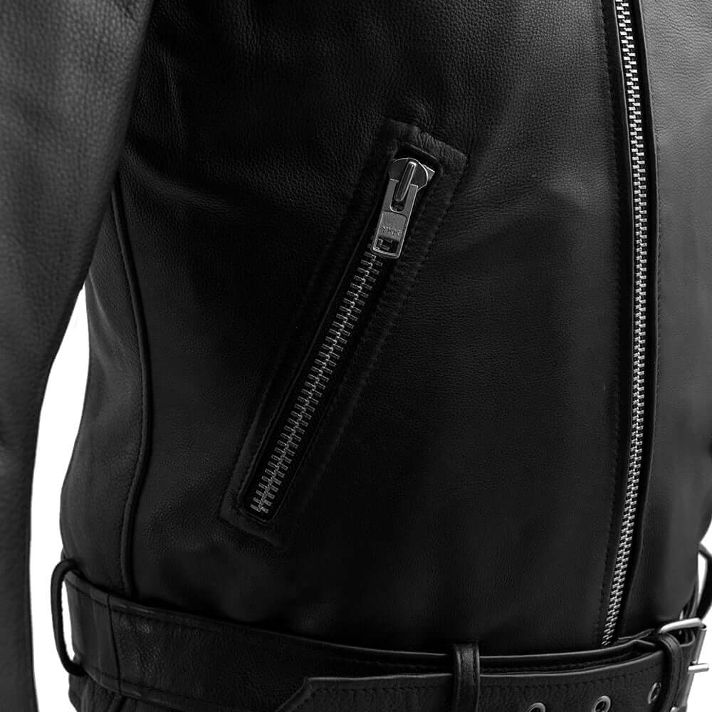  Side pocket detail of Indy Men's Black Motorcycle Leather Jacket, emphasizing functionality and style.