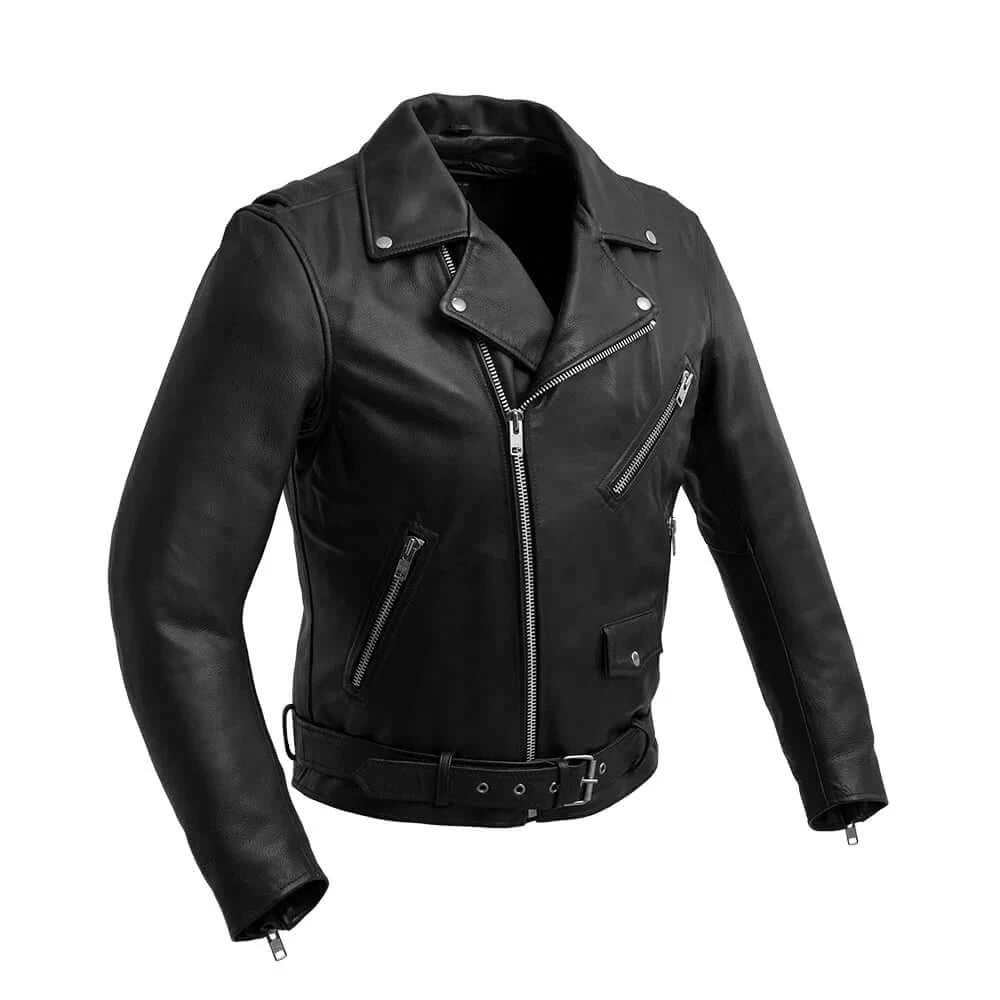  Front view of Indy Men's Black Motorcycle Leather Jacket, sleek and classic design.
