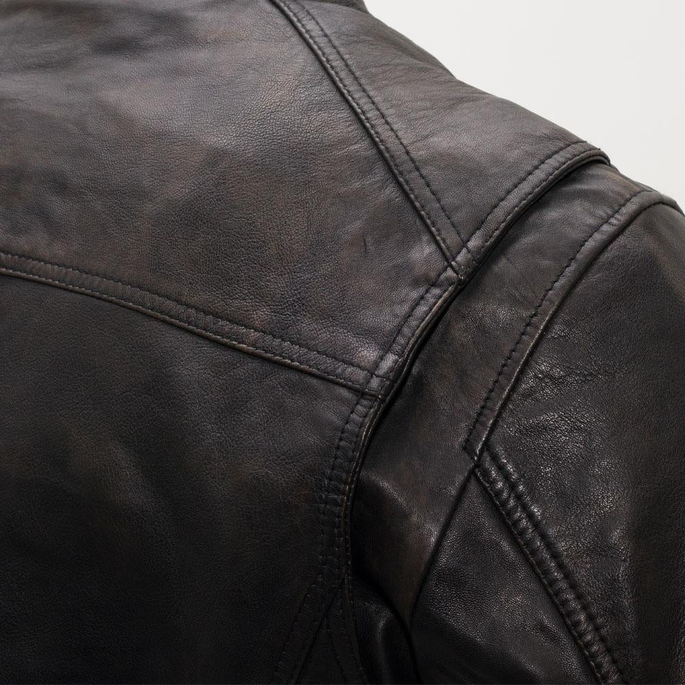Close-up view of the shoulder on Hipster Men's Motorcycle Leather Jacket, detailed craftsmanship