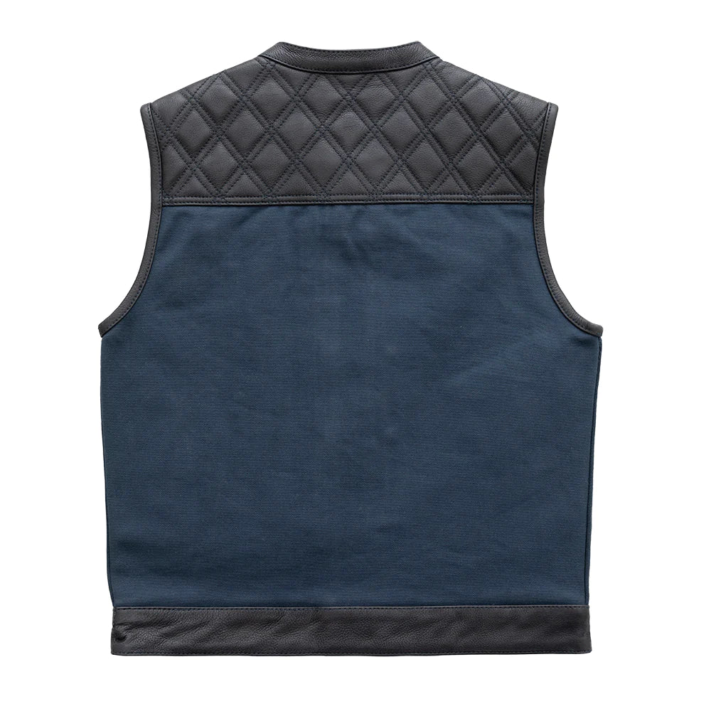 Back View: Quilted Cowhide, Stylish Club Vest, Blue Stitching.