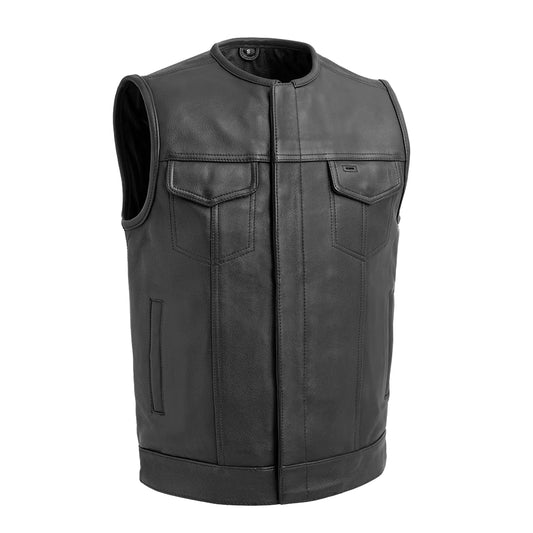 Highside Men's black leather motorcycle vest, front view