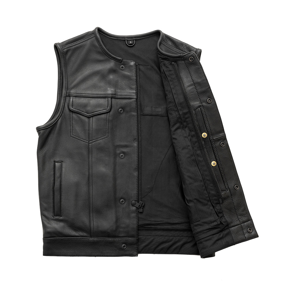 Highside Men's leather motorcycle vest, open front view