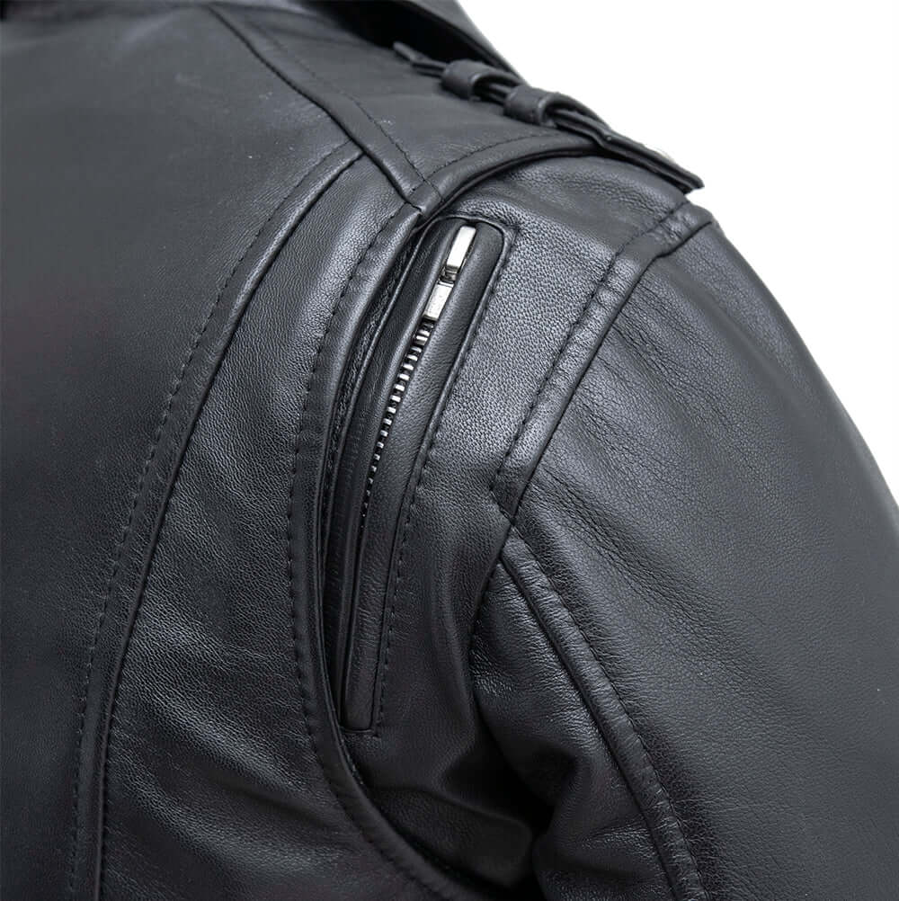 Close-up of reinforced shoulder on Bloom Women's Leather Motorcycle Jacket, highlighting protective padding and stitch detailing.