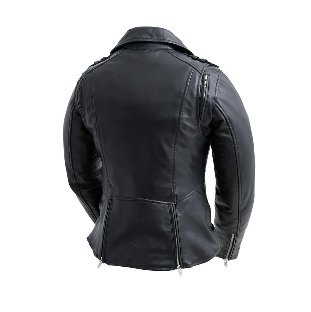 Back view of Bloom Women's Leather Motorcycle Jacket, highlighting streamlined design and ventilation details.