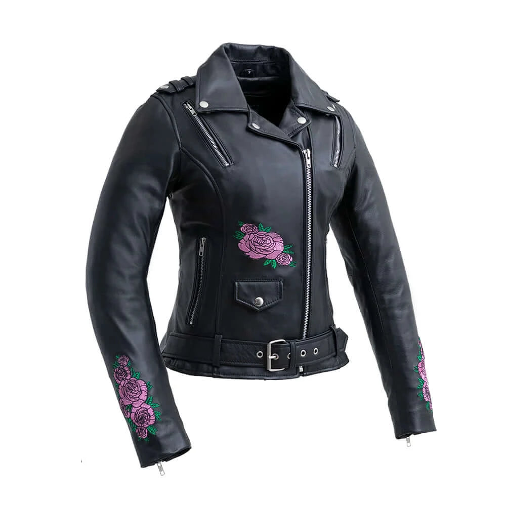  Front view of Bloom Women's Leather Jacket with reinforced shoulders, zippers, and waist straps.