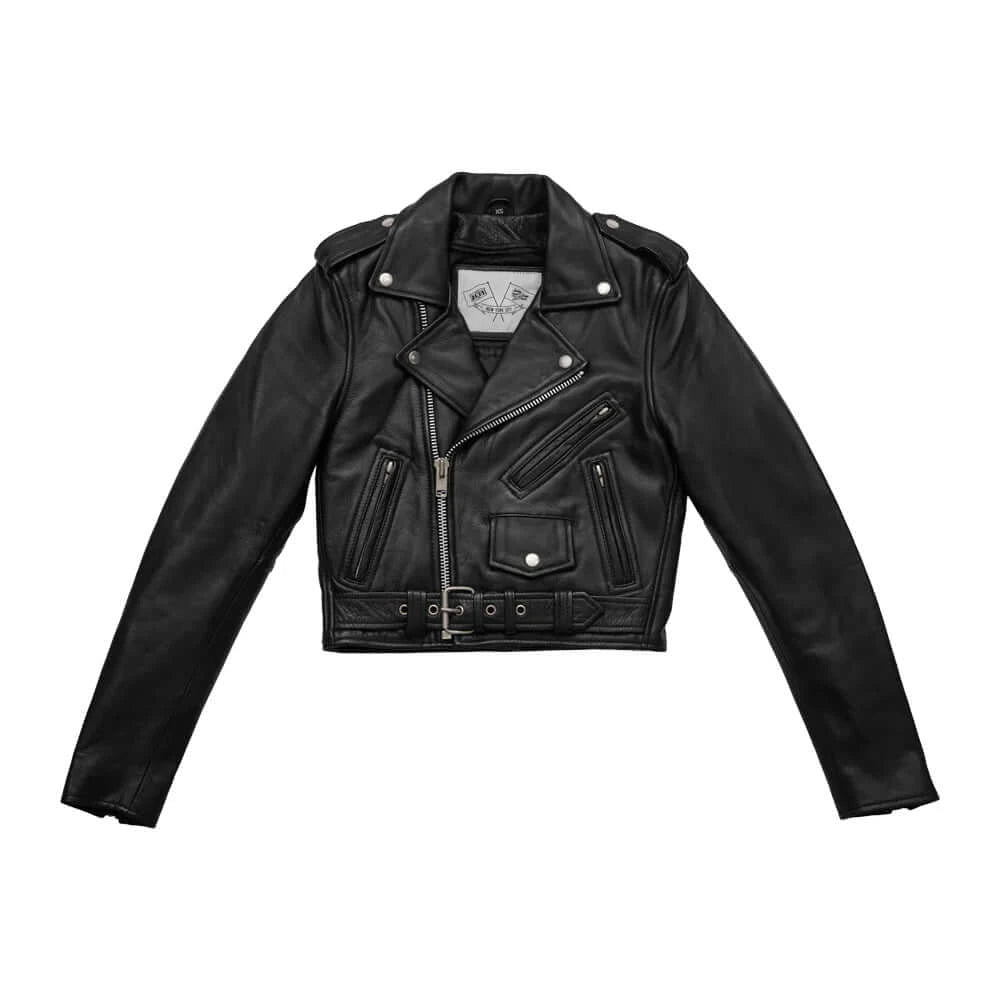  Front view of black motorcycle leather jacket, sleek and modern.