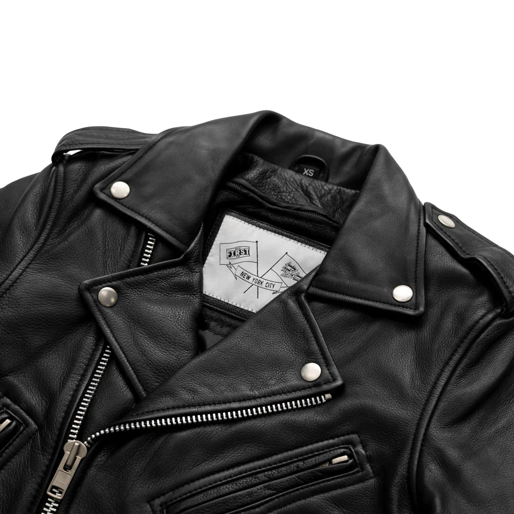 Close-up view of the collar on Imogen Women's Fashion Motorcycle Leather Jacket, detailed leather craftsmanship
