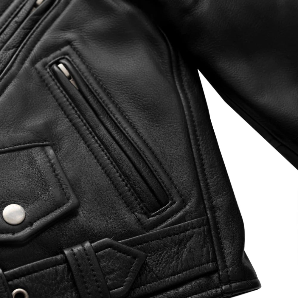Front view of black motorcycle leather jacket, sleek and modern, with visible front pocket and label.