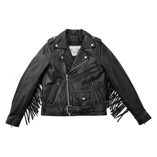  "Lesley leather fringe motorcycle jacket by Breaking Hearts & Burning Rubber. Diamond-cut cowhide, removable liner, versatile style. Perfect biker fashion for any occasion!"