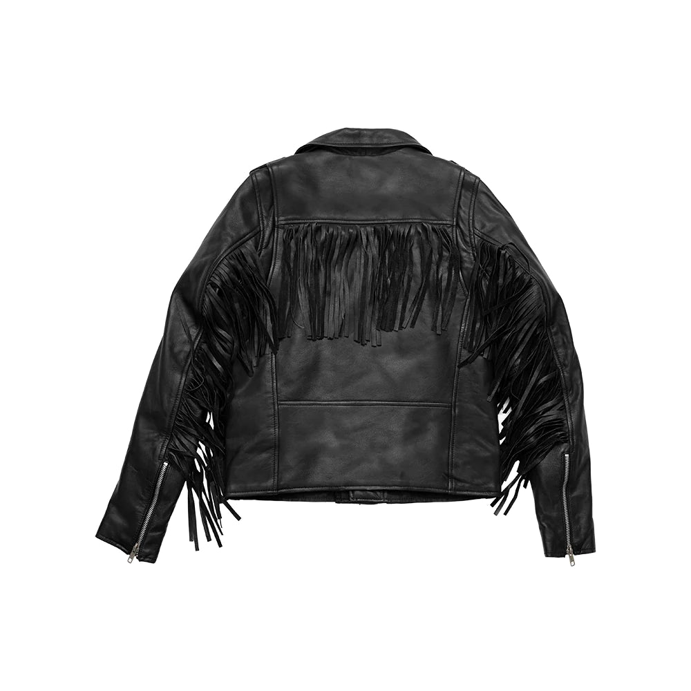  "Lesley leather fringe motorcycle jacket. Versatile style, diamond-cut cowhide."