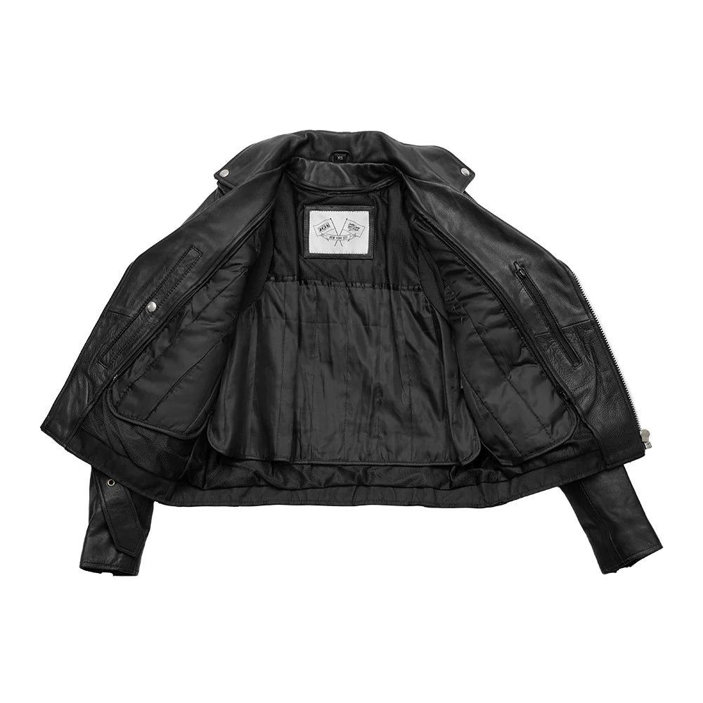  "Open-front Lesley leather fringe motorcycle jacket. Diamond-cut cowhide, versatile style."
