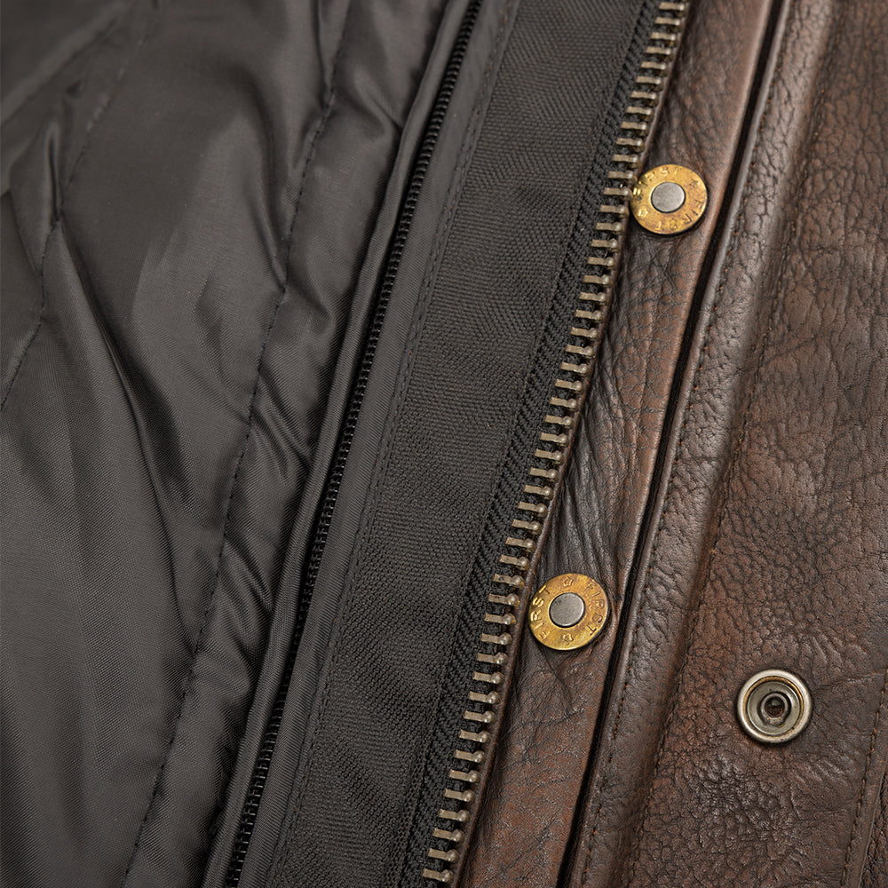  "Close-up view of the interior zipper detail on the Raider Motorcycle Jacket, highlighting its sturdy and reliable construction."