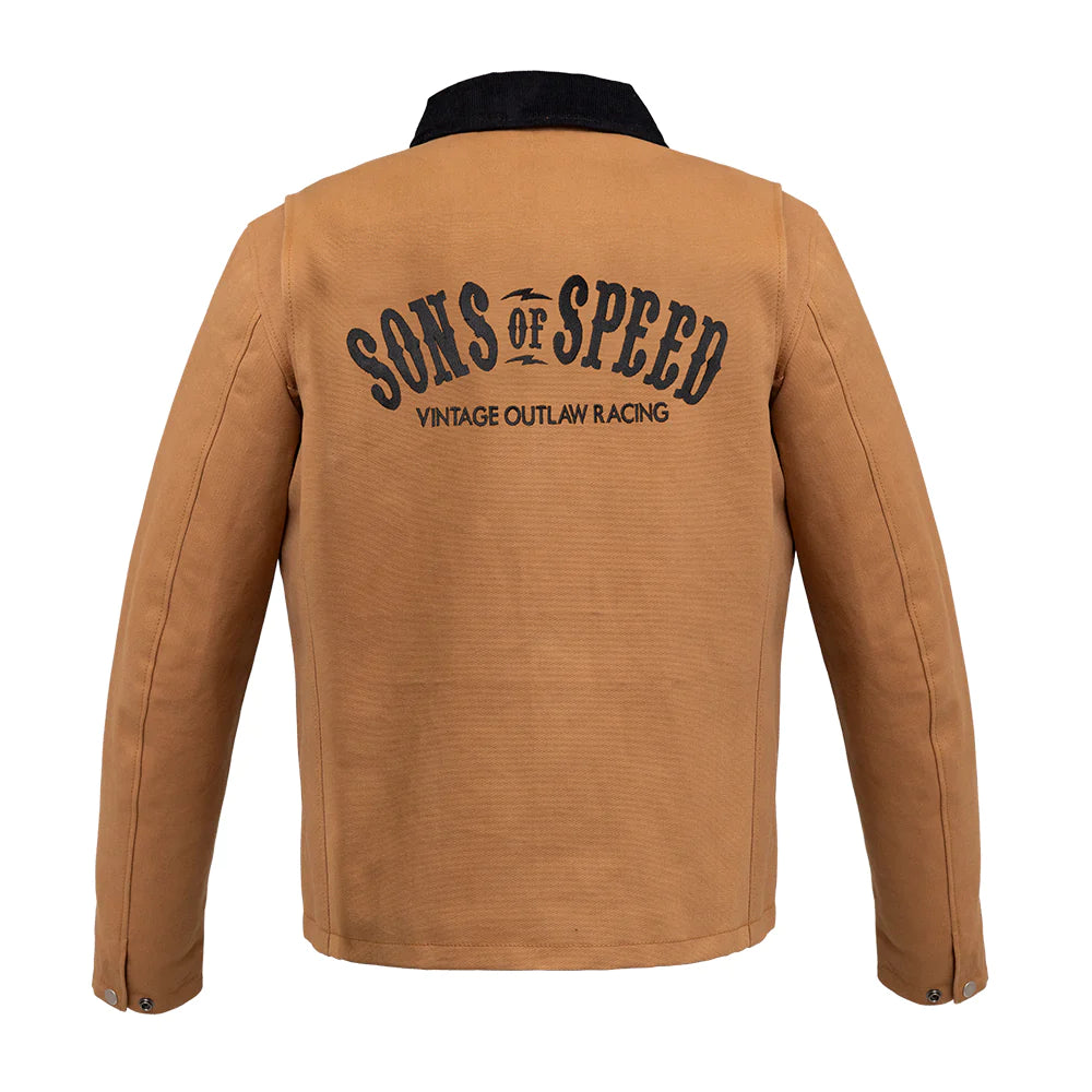 Showing the back of Jacket with Sons of Speed