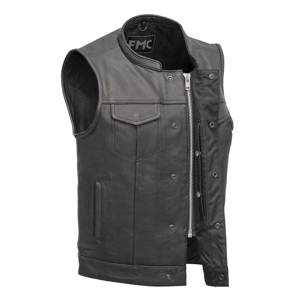 Front view of Blaster Men's Leather Vest unbuttoned, revealing inner lining and spacious interior pockets.