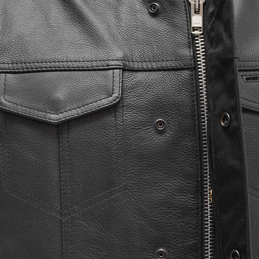Close-up of pocket on Blaster Men's Leather Vest, showcasing detailed stitching and secure zipper closure.