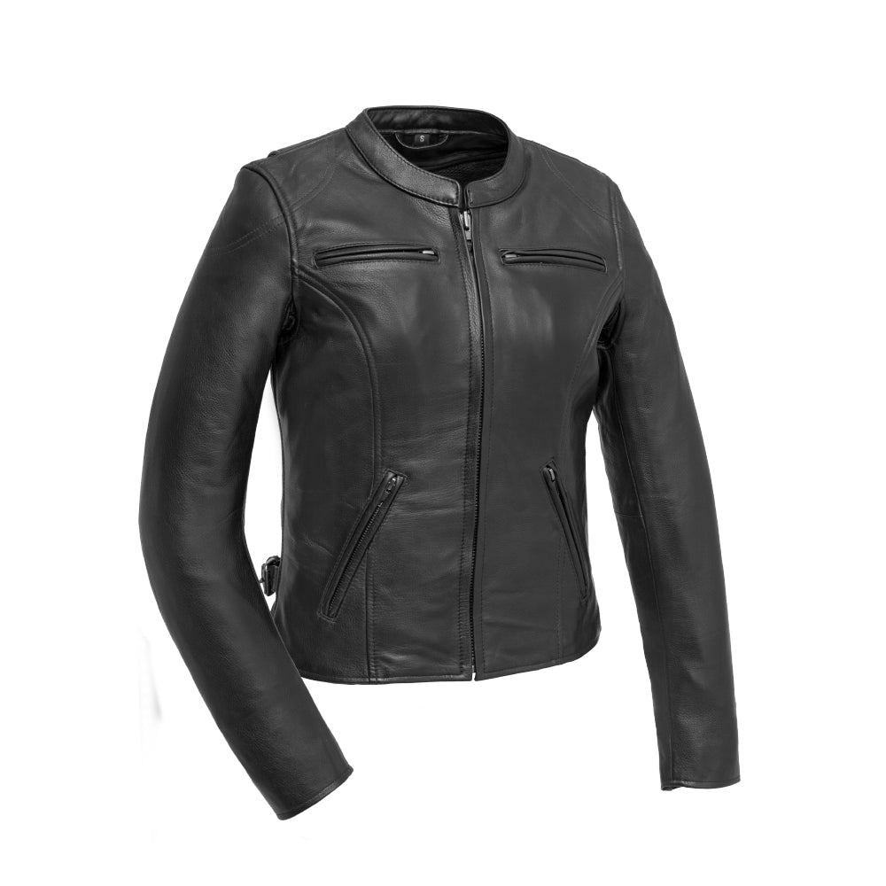  Front of Competition Women's Leather Jacket, featuring zippers and sleek design.