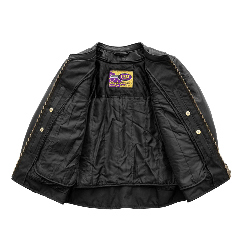 Open front view of Competition Women's Leather Jacket, revealing interior and pockets.