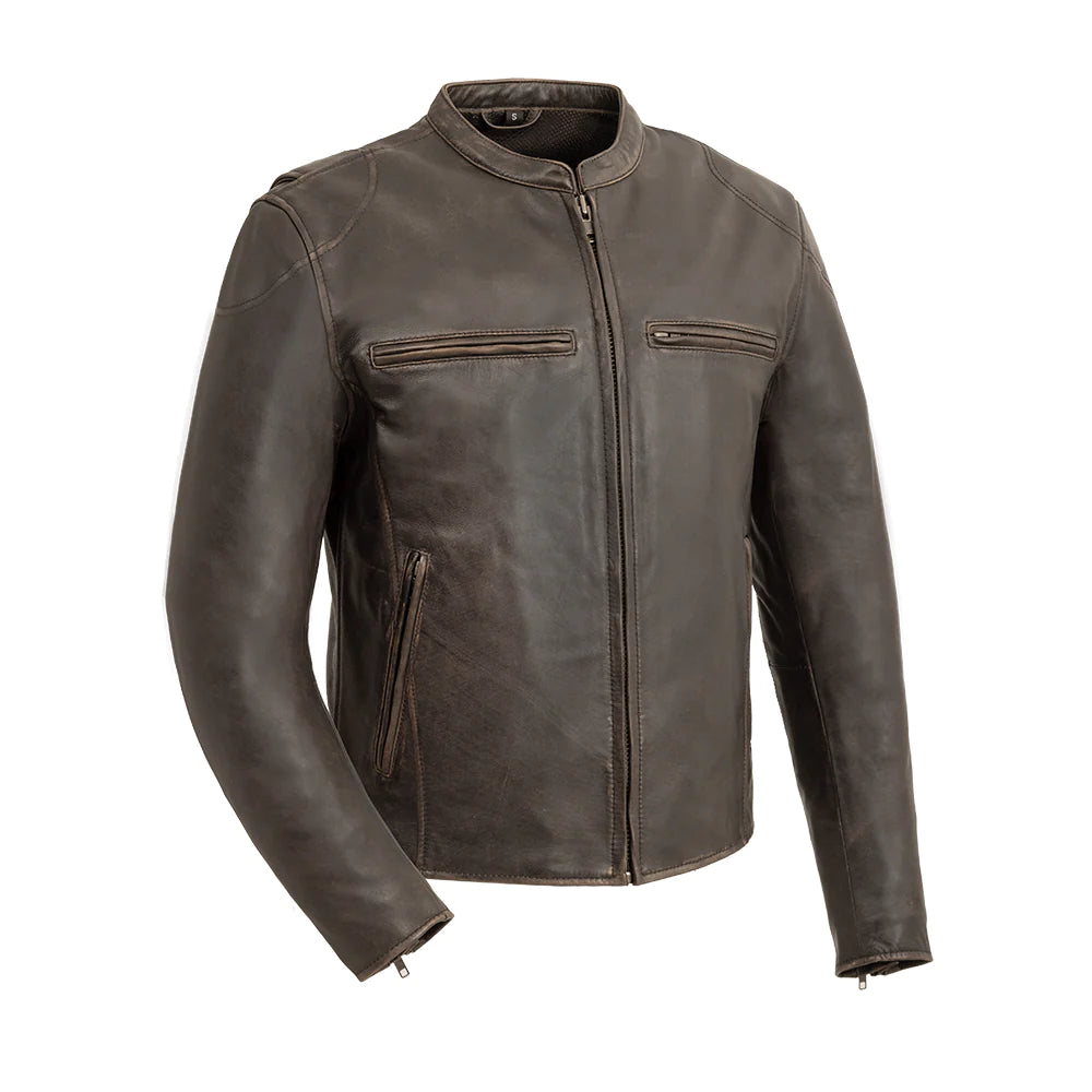  Front view of Indy Men's Antique Brown Motorcycle Leather Jacket with prominent pocket.