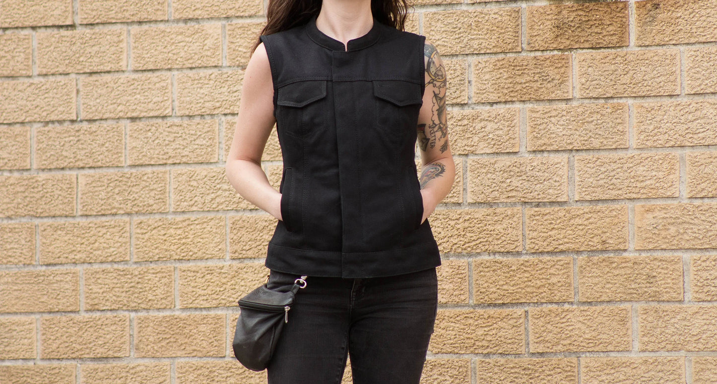 Front view of women wearing vest - Club Style - Heavy Hitter Canvas - Conceal carry pockets