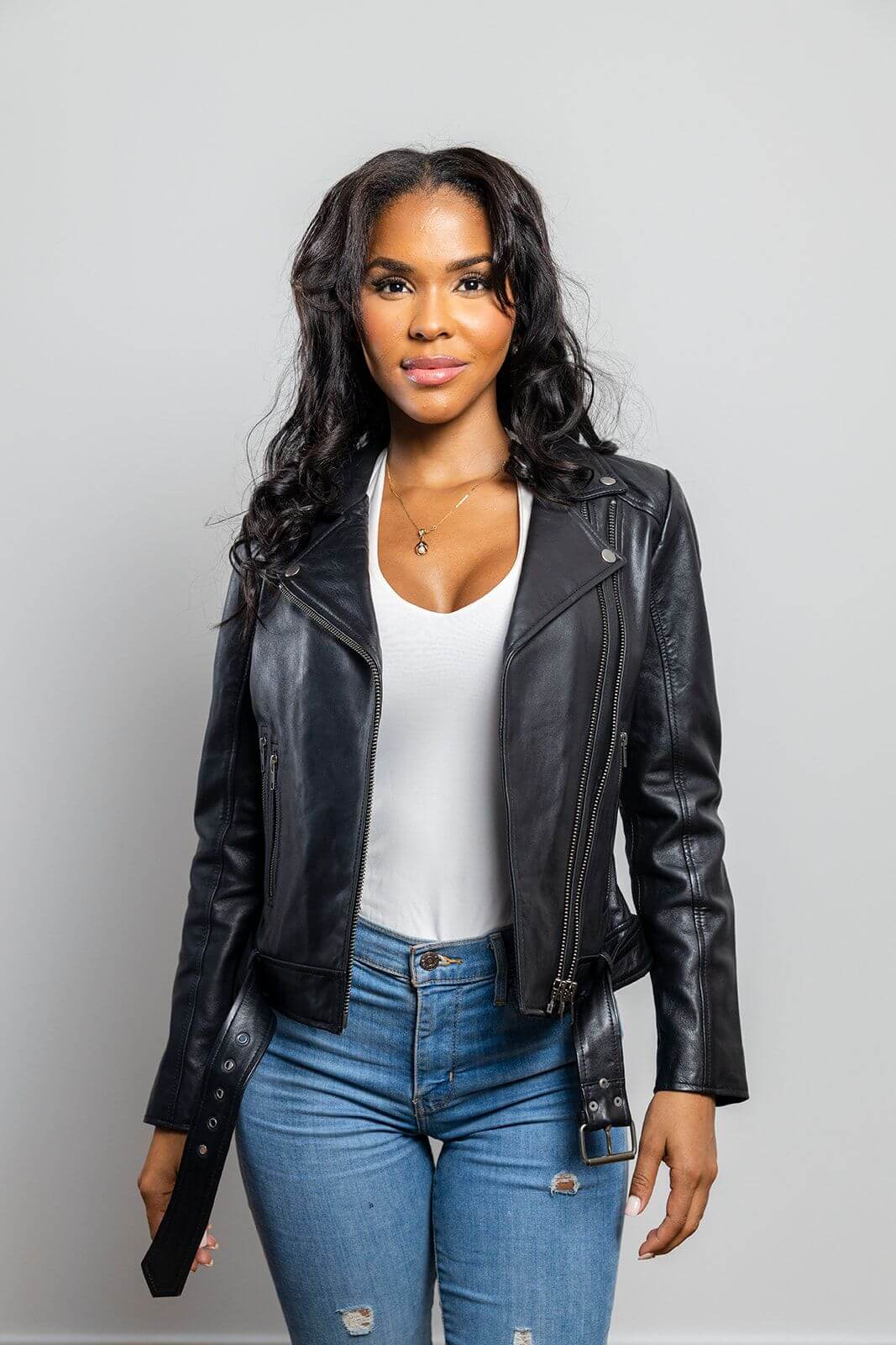Chloe women's fashion leather jacket black woman wearing jacket front view